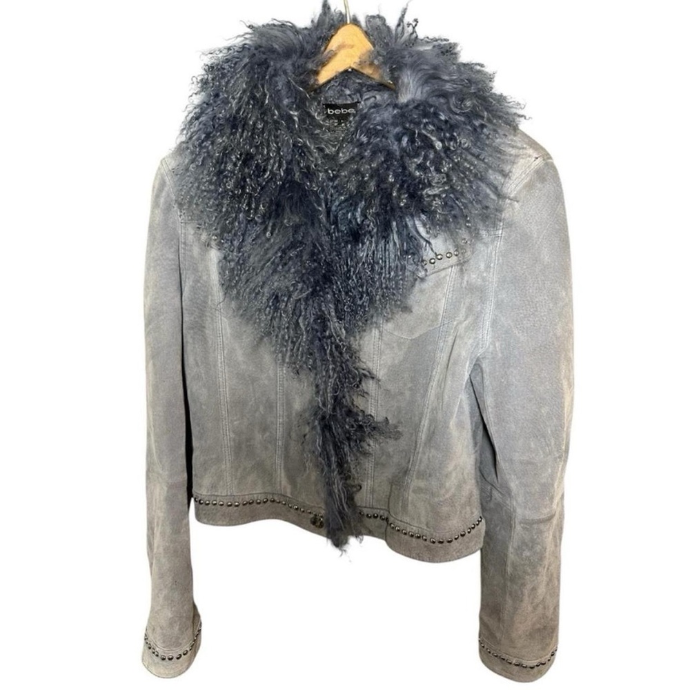 Vintage 90s bebe suede Mongolian fur studded penny lane afghan coat jacket 1990s